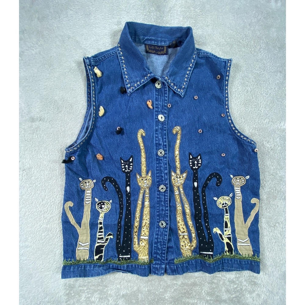 VTG Life Style Denim Vest Womens XL Blue Embroidered Cat Art Cotton Button Front